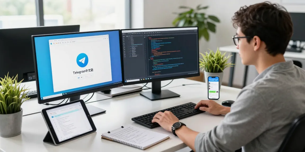 Developer using 纸飞机中文版 interface on dual monitors in a bright office.