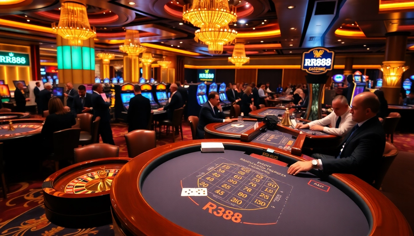RR88 logo shines amidst an exciting casino scene featuring live gaming tables and players.