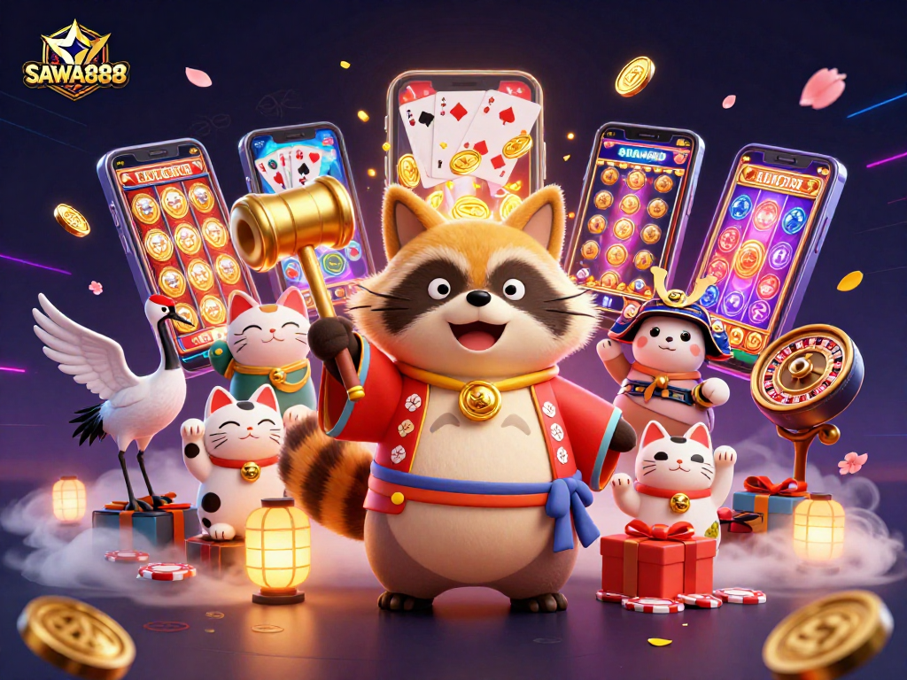 Experience excitement with SAWA888's colorful slot games and cheerful characters in a vibrant casino scene.