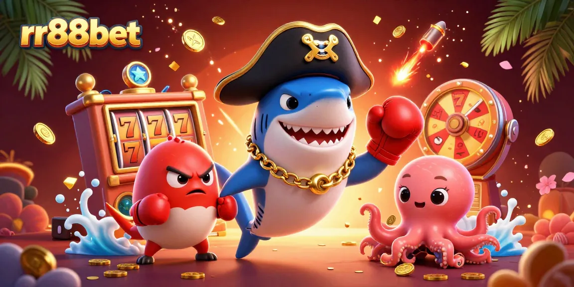Experience thrilling wins at rr88bet with a vibrant 3D casino illustration featuring a shark, pufferfish, and octopus.