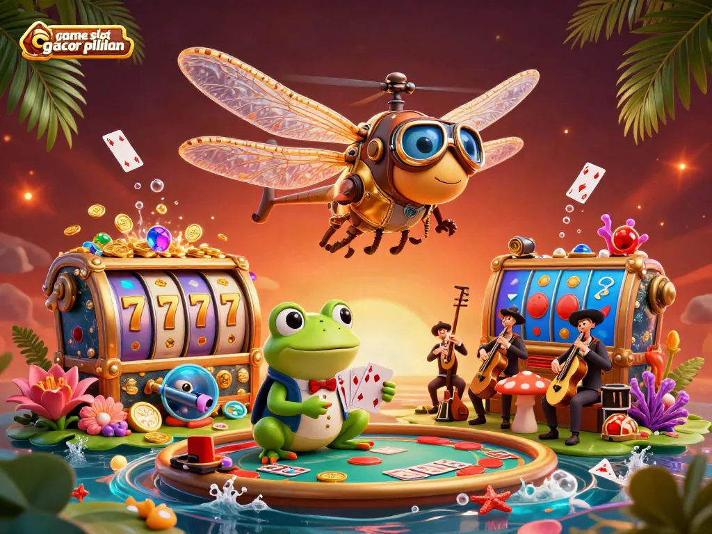 Menangkan game slot gacor pilihan di kasino digital dengan croupier katak yang dealer kartu.