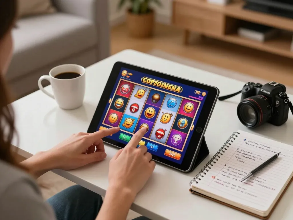 Engaged player analyzes slot bet 200 strategies at home, managing bankroll on tablet with notes