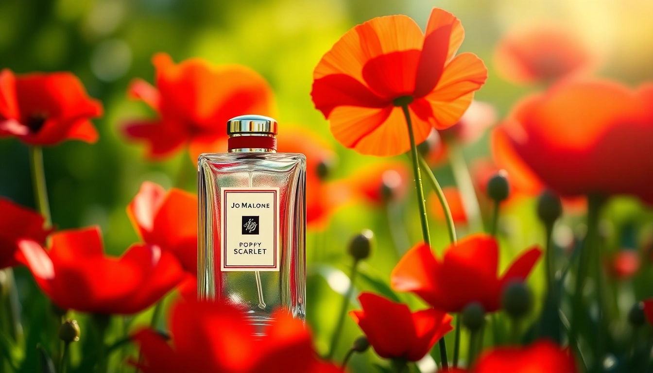 Showcase Jo malone Poppy scarlet perfume bottle amidst ruby red poppies in a lush garden setting.
