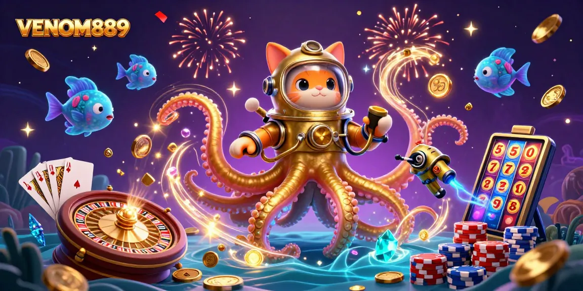 Experience the thrill of VENOM889 with vibrant gaming elements, highlighted by golden rewards and dynamic characters.