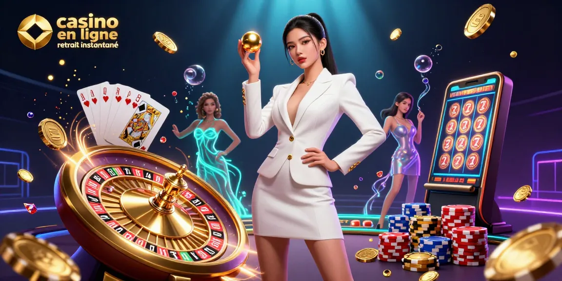 Vivez le frisson au casino en ligne retrait instantané avec une femme glamour et des éléments de casino animés.