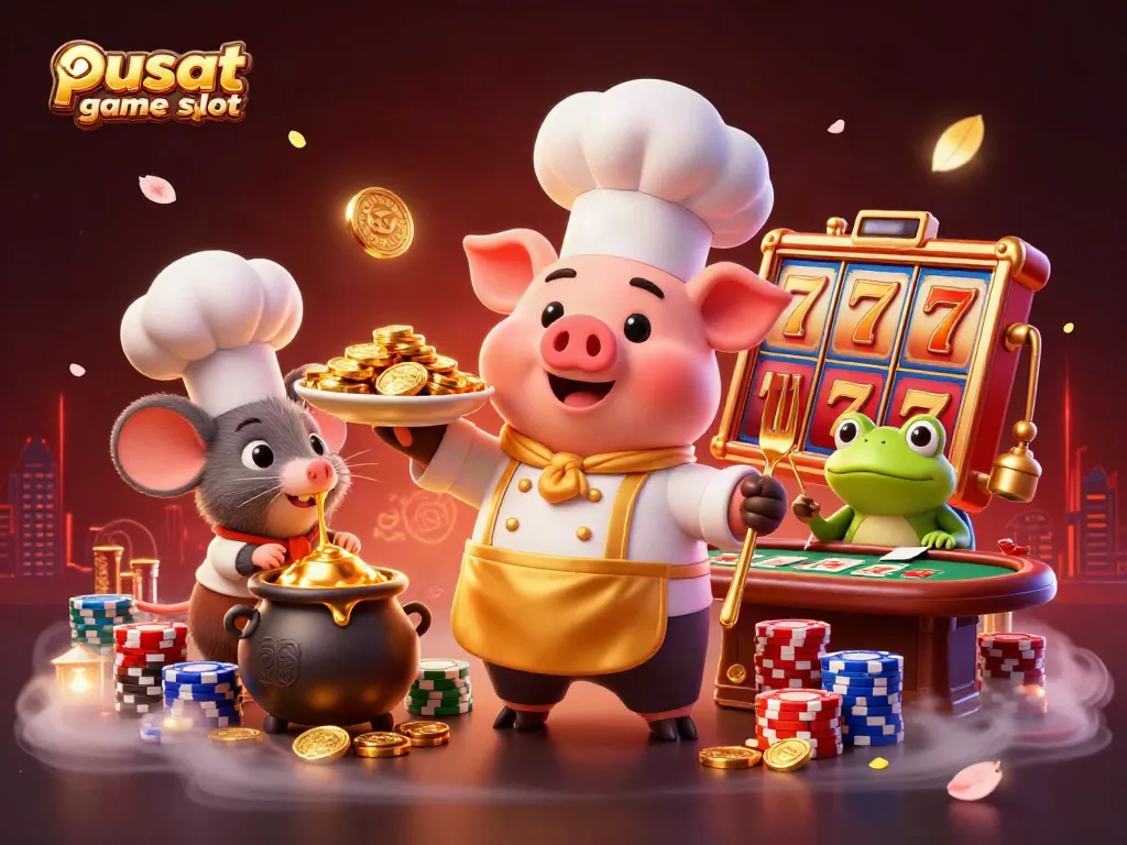 Experience the excitement at pusat game slot with our vibrant cartoon casino scene featuring slots and poker elements.