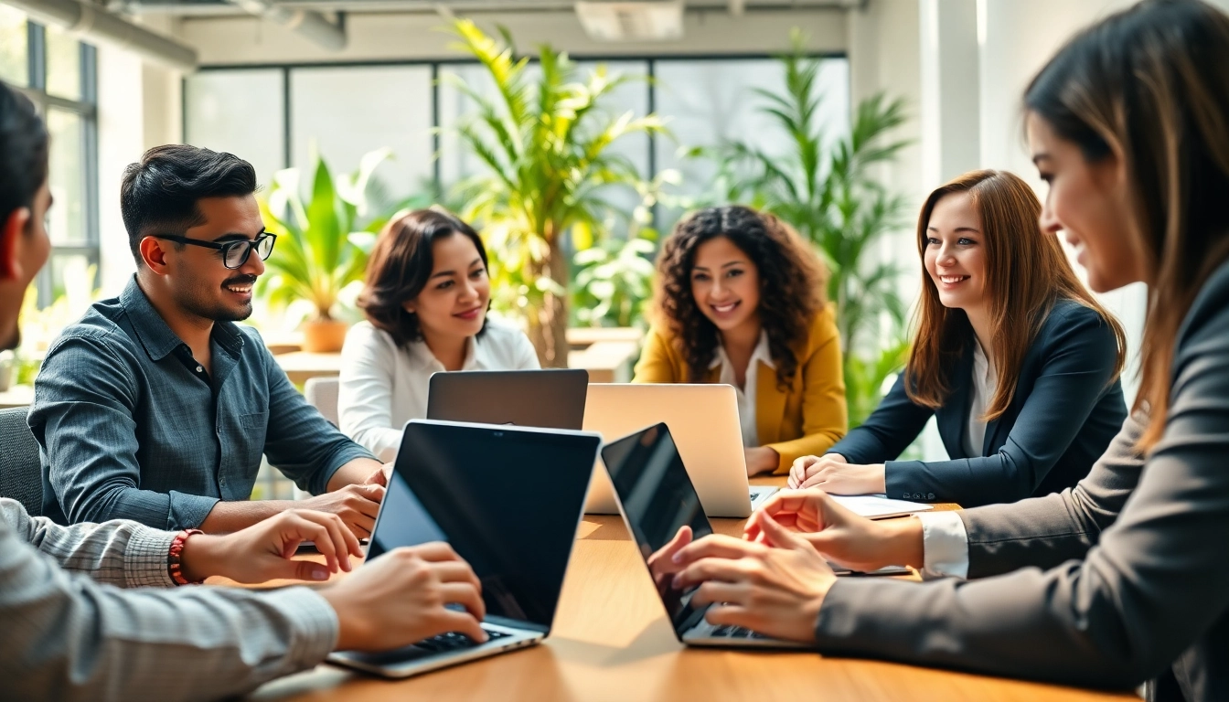 Engaged team members discussing small business jobs in a collaborative office setting.
