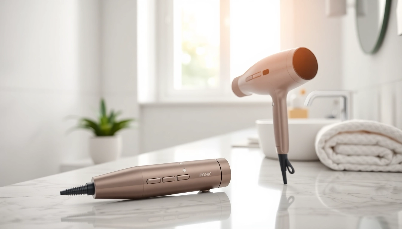 Ionic blow dryer with sleek design on a marble countertop in a bright bathroom setting.