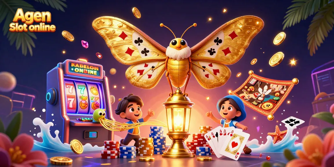Agen Slot online showcasing a vibrant 3D scene of golden-winged moths and spinning slot machines, immersing players in thrilling games.