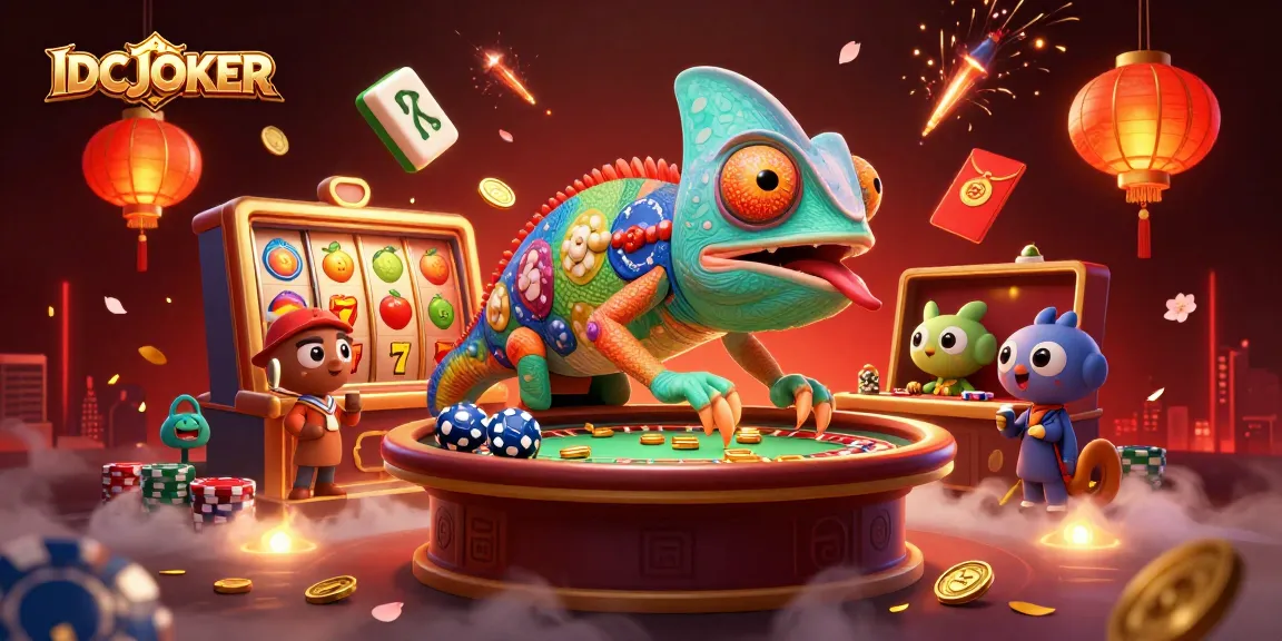 IDCJOKER chameleon casino owner delights with gold coins while surrounded by vibrant slot elements and festive decorations.