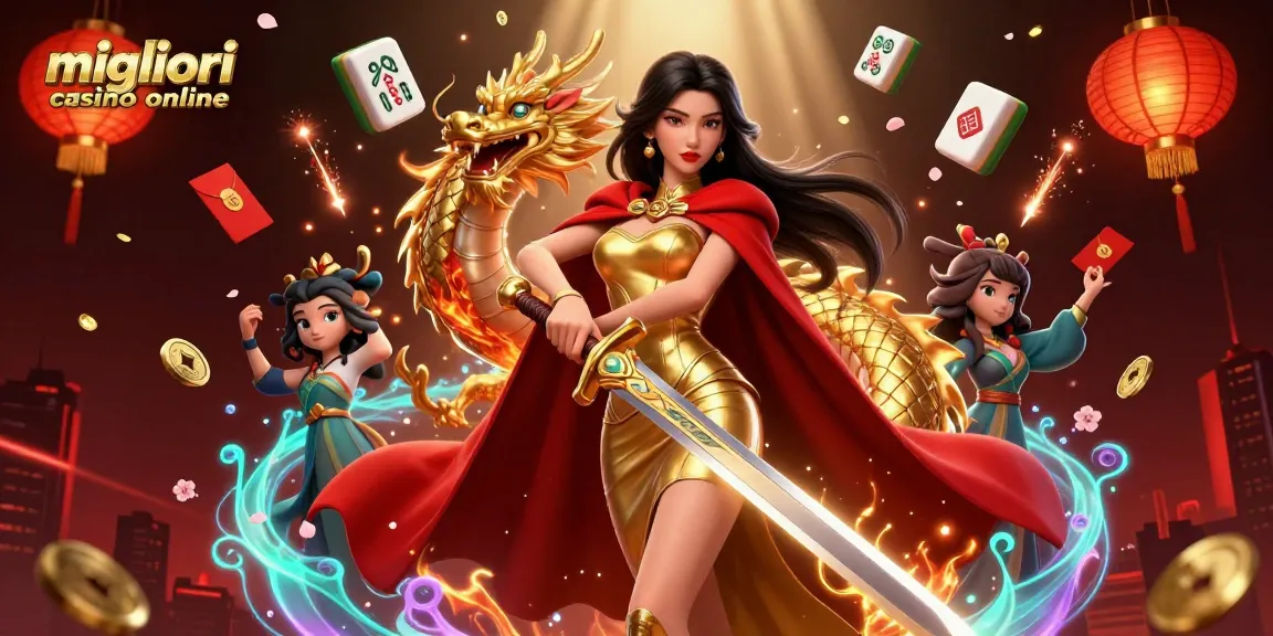 Illustrazione coinvolgente che mostra i migliori casinò online con una regina guerriera e simboli di fortuna, caratterizzando i migliori casinò online.