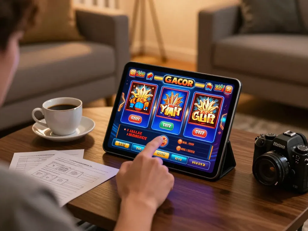 Pemain menikmati permainan slot gacor di tablet, suasana rumah yang nyaman dengan pencahayaan hangat dan catatan strategi