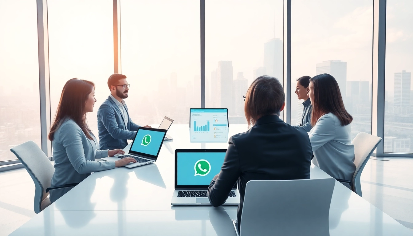 Team brainstorming about whatsapp business api in a bright, modern office setting.