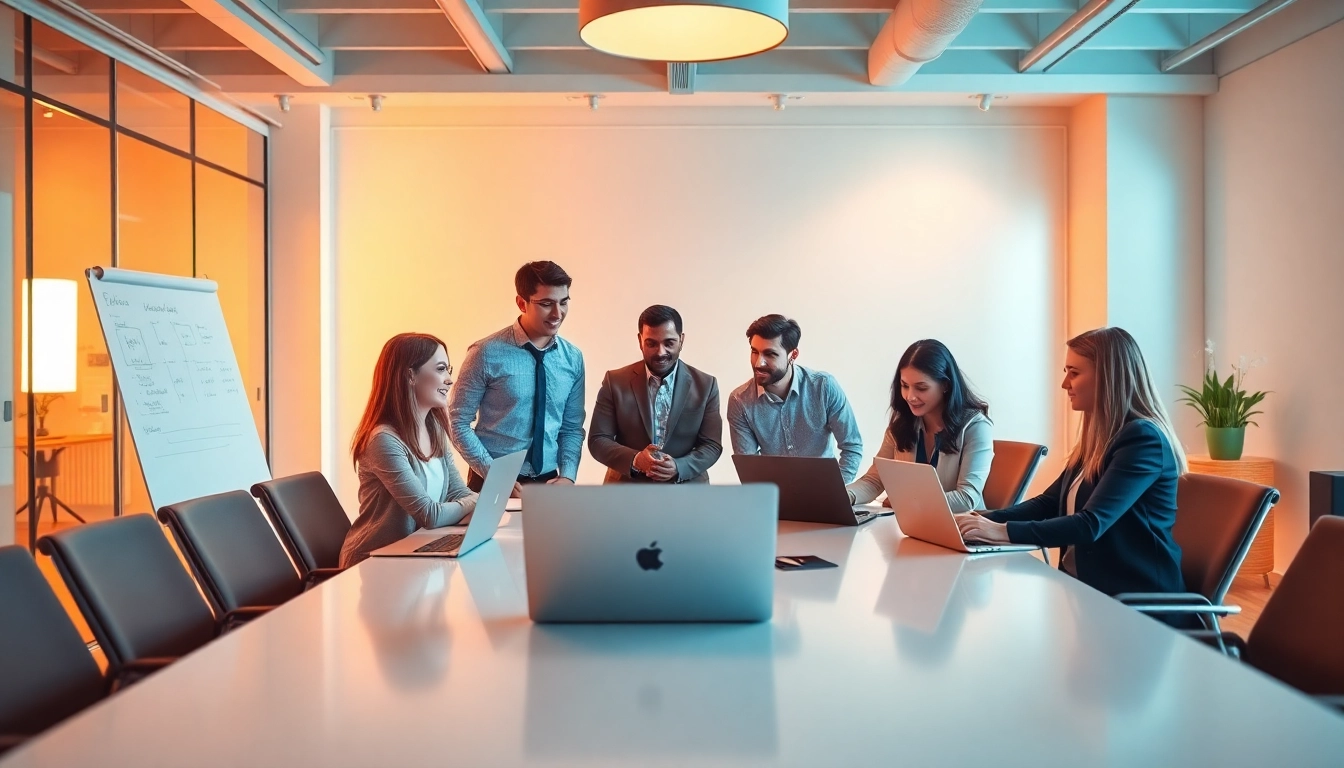 Engaged professionals brainstorming in a digital marketing company environment.