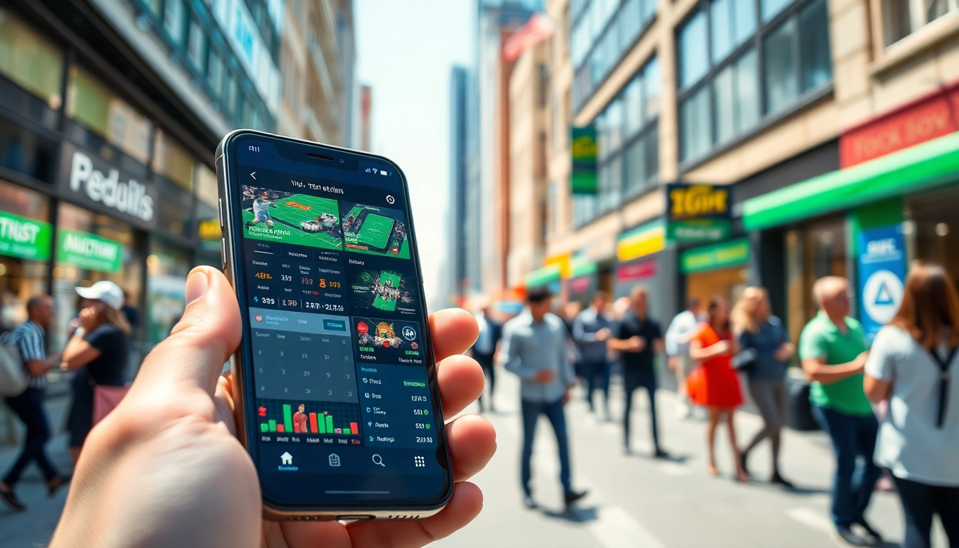 Engaging view of best sports betting apps India on a modern smartphone with vibrant street settings.