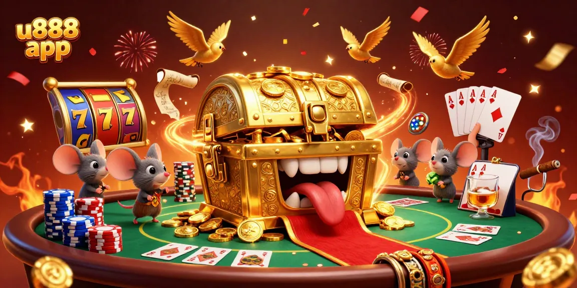 Join the excitement with the u888 app: a vibrant scene of treasure and thrilling gaming.