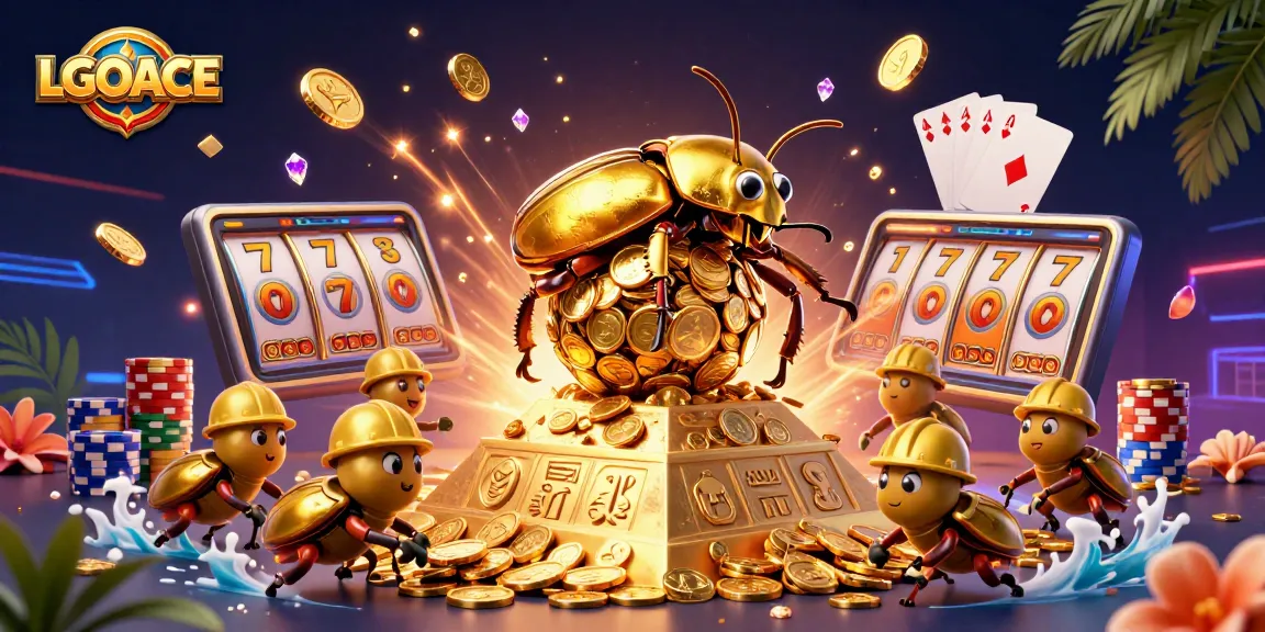 LGOACE showcases a dynamic scene with a golden beetle and floating casino symbols, enhancing gambling excitement.