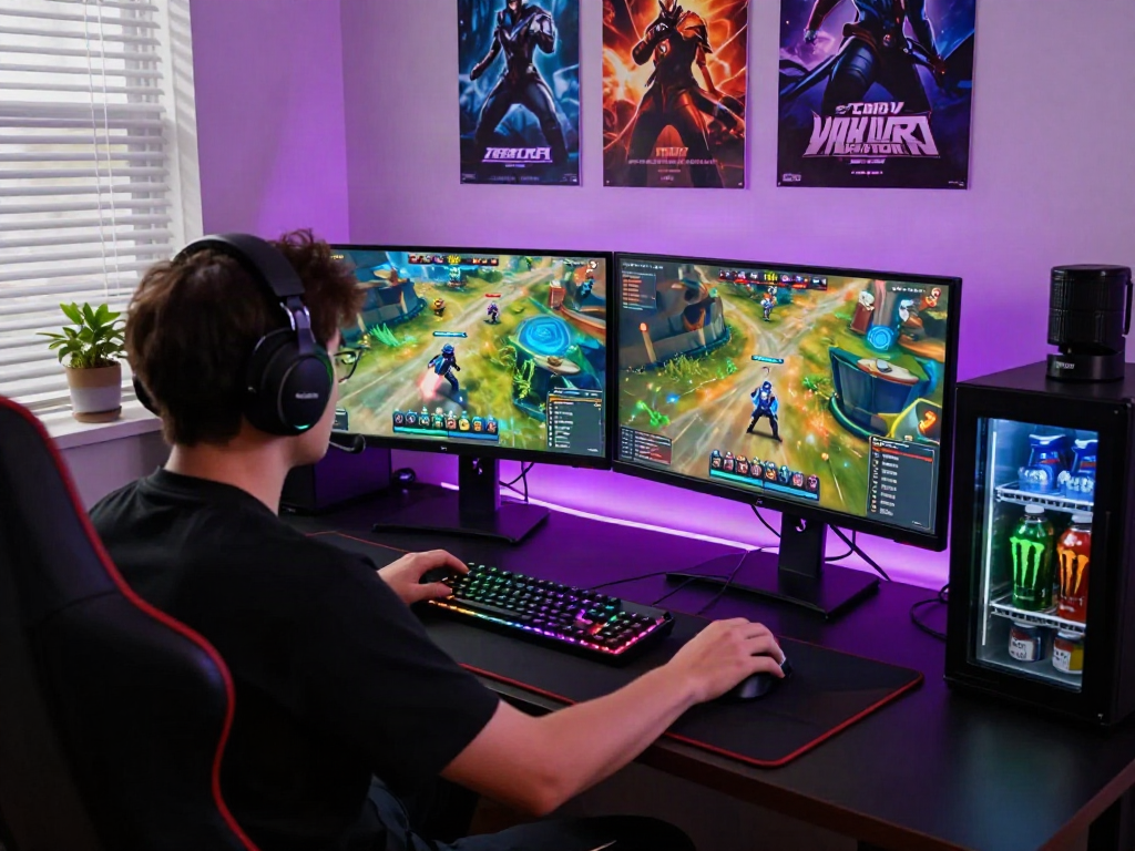 Gamer immersed in action featuring link alternatif bro138 on dual monitors, gaming accessories, and vibrant atmosphere.