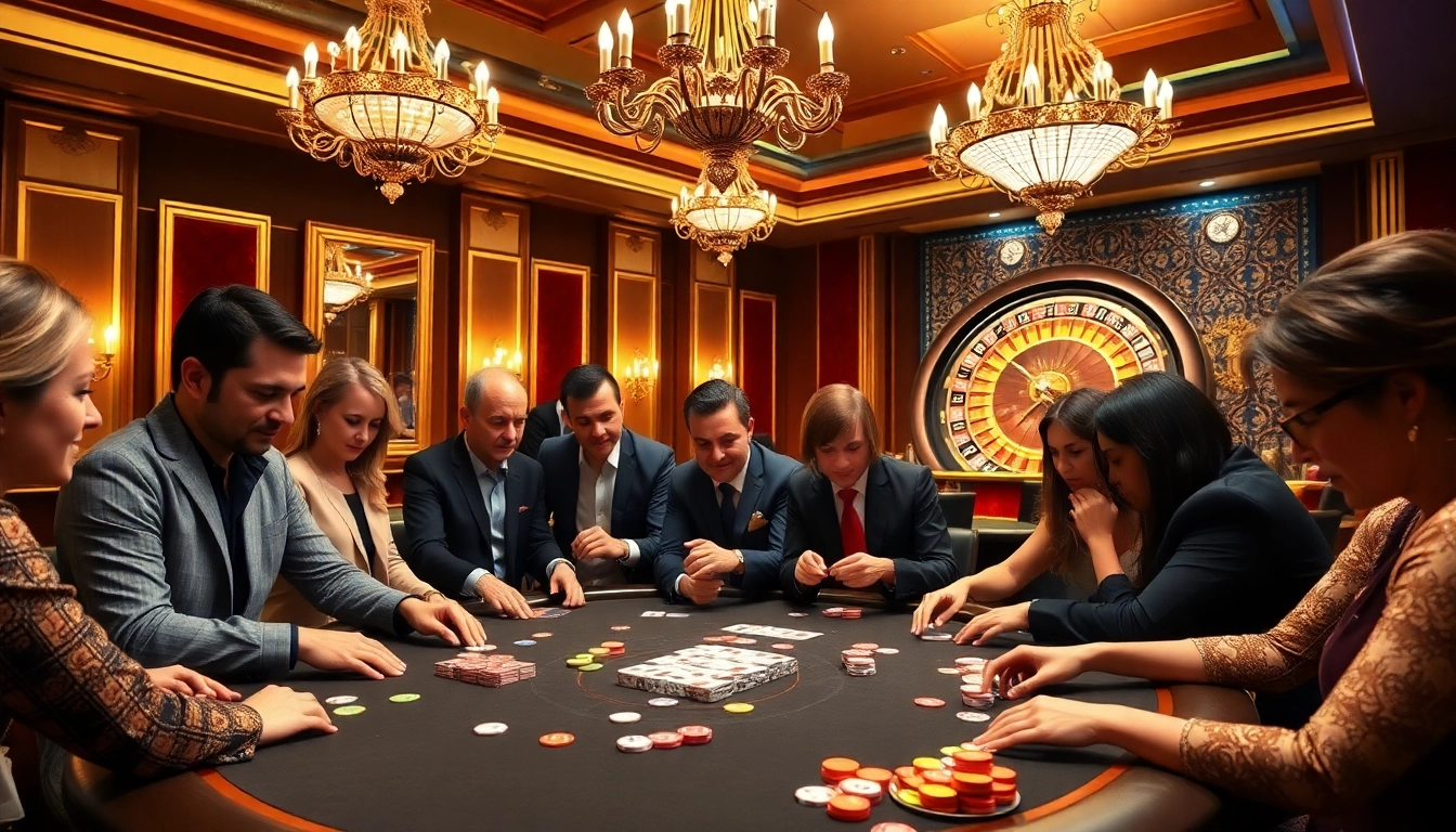 Engaging gamblers at a luxurious table game scene with Nhà cái F8BET branding.