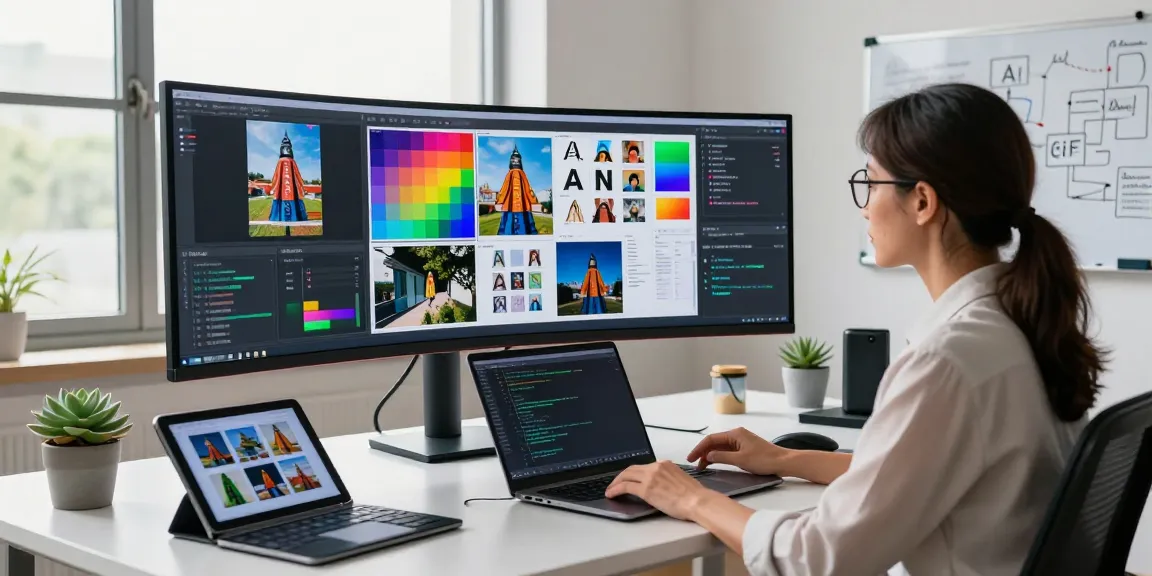 AI image detector analysis in a high-tech workspace with data visualizations and image formats.