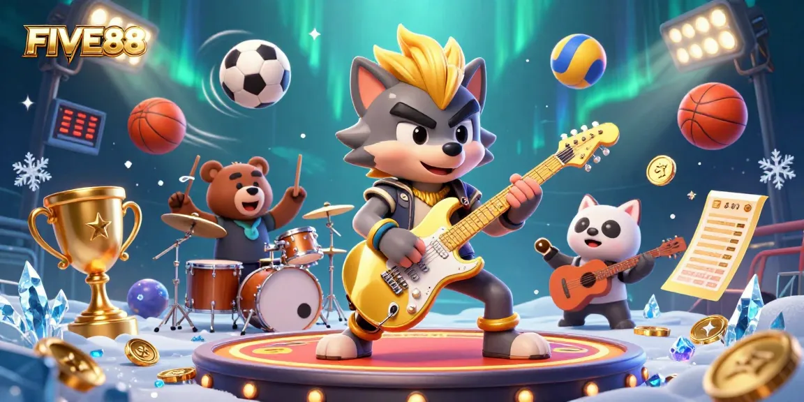 Experience the thrill of FIVE88 as a rock star wolf and drummer bear energize the casino stage.