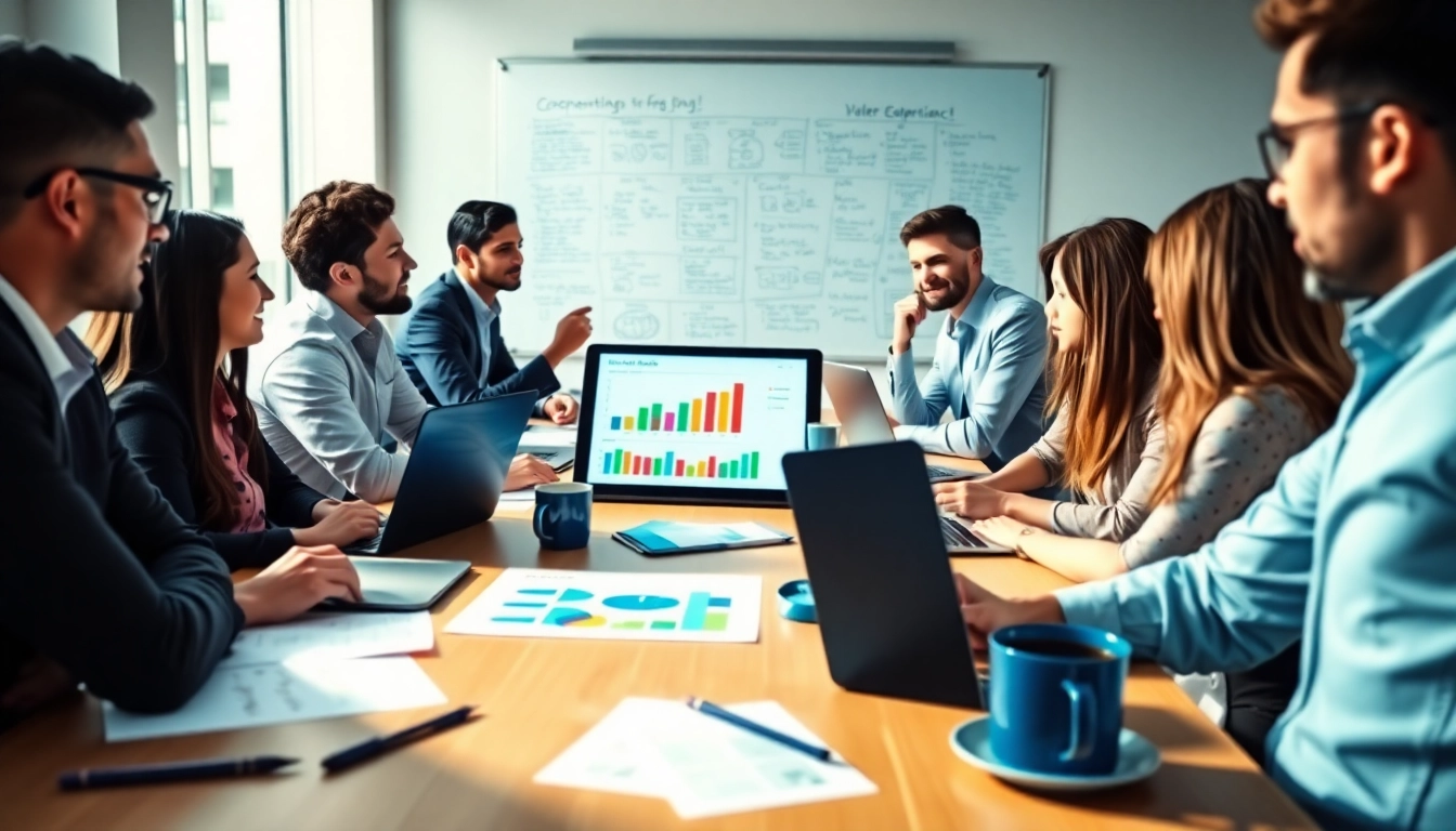Business team develops small business marketing strategy during planning session.
