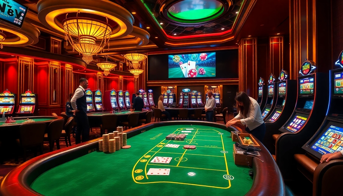 Experience the thrill of wagering at https://thabet.vegas/ with engaging tables and vibrant slot machines in a luxurious casino setting.