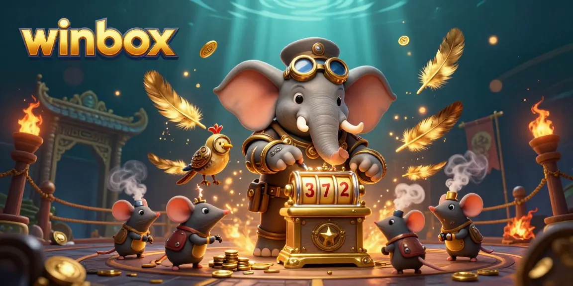 Spin to win at Winbox with a steampunk elephant manipulating a golden slot machine in an exciting casino scene.