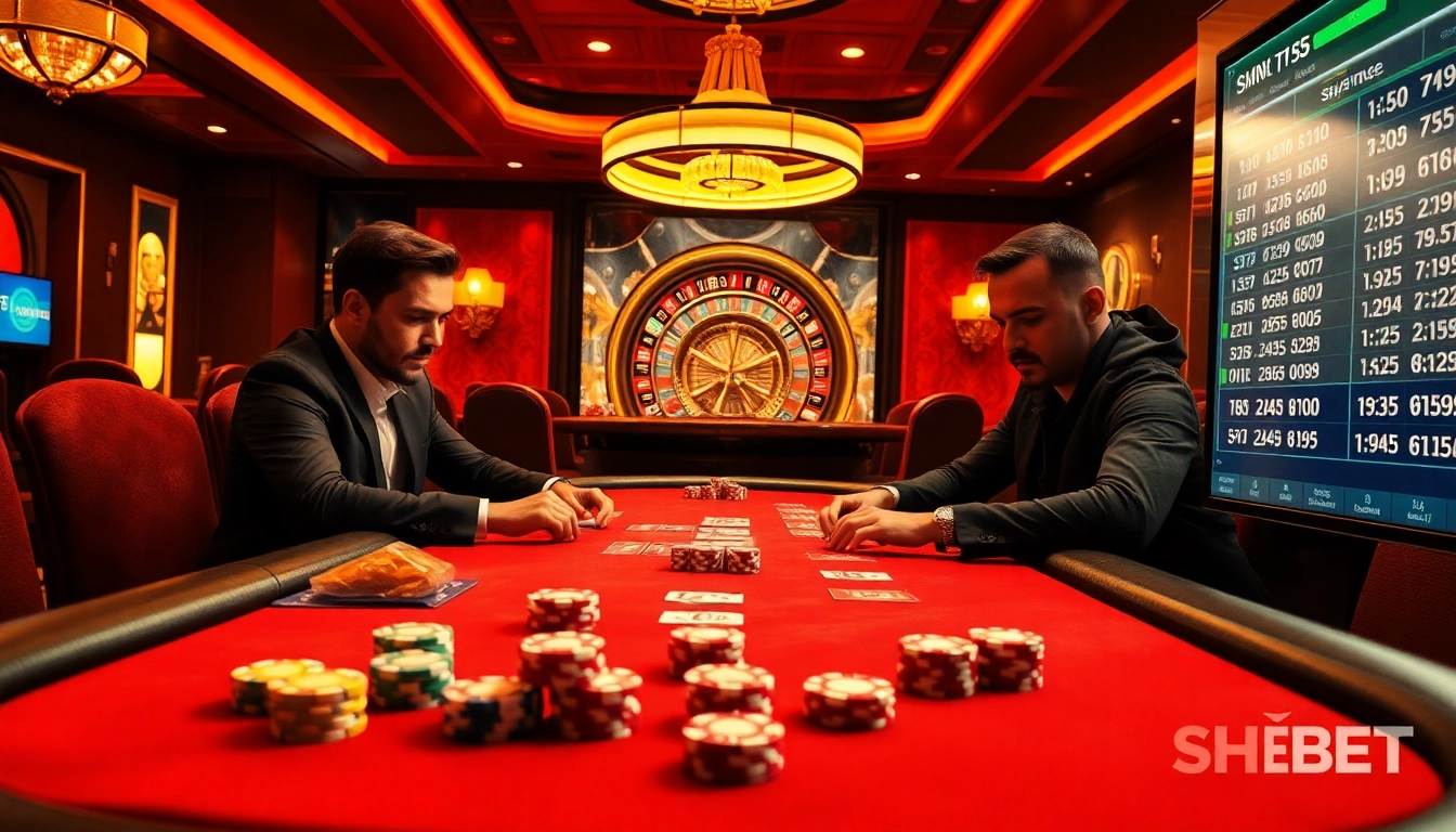 Engaging poker players at SHBET, showcasing high stakes and lively casino atmosphere.