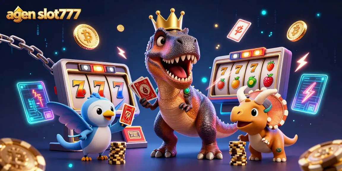 Win with agen slot777 while playful dinosaurs shuffle cards and stack chips in a vibrant casino.