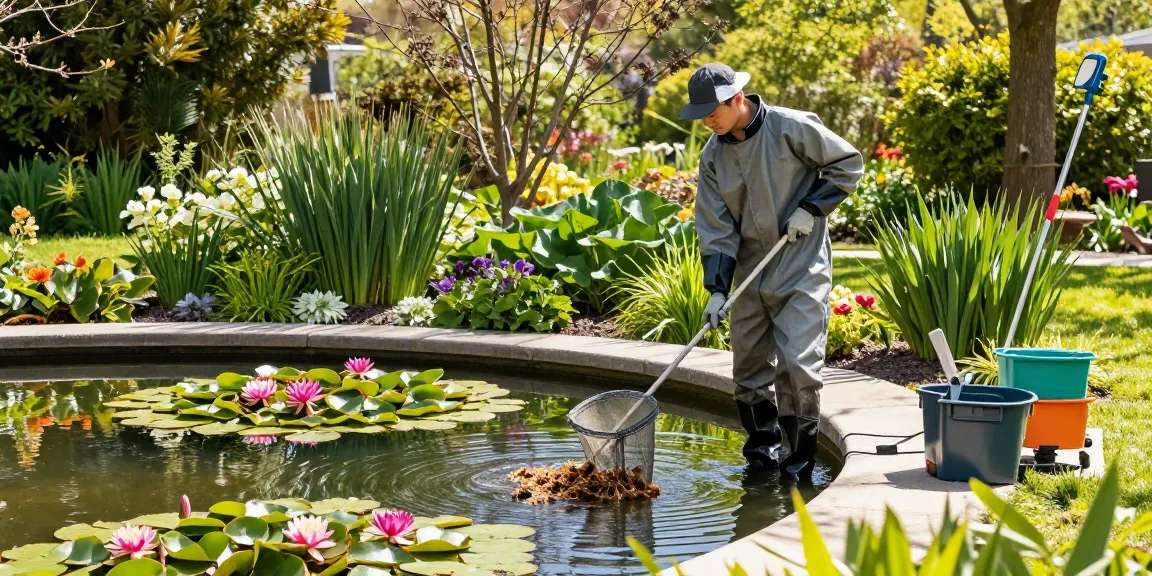 Pond Cleaning Kent professional removing debris from a serene garden pond surrounded by vibrant plants.