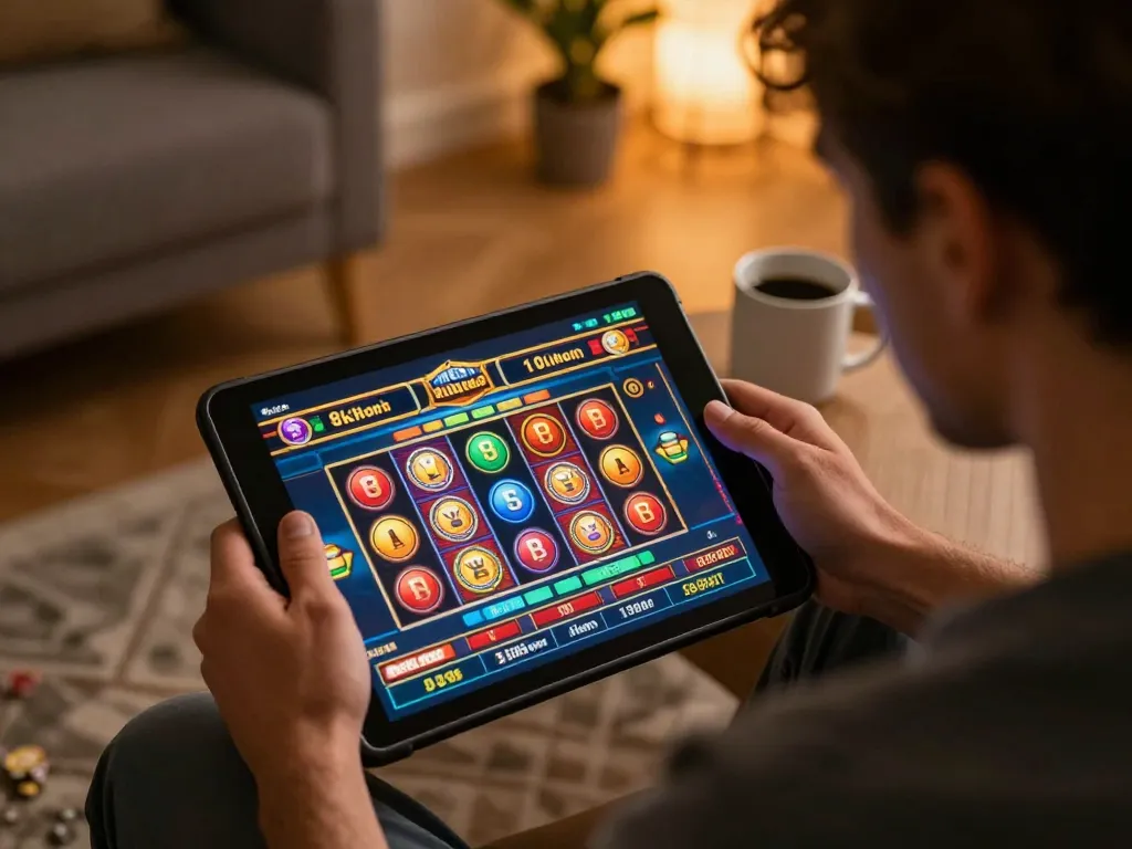 Player enjoying online slots at home with 8kbetbh in a cozy atmosphere.