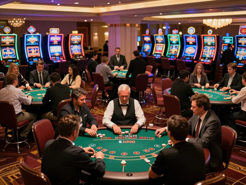 dn88s players strategizing at poker tables in a luxurious casino environment, highlighting excitement and interaction