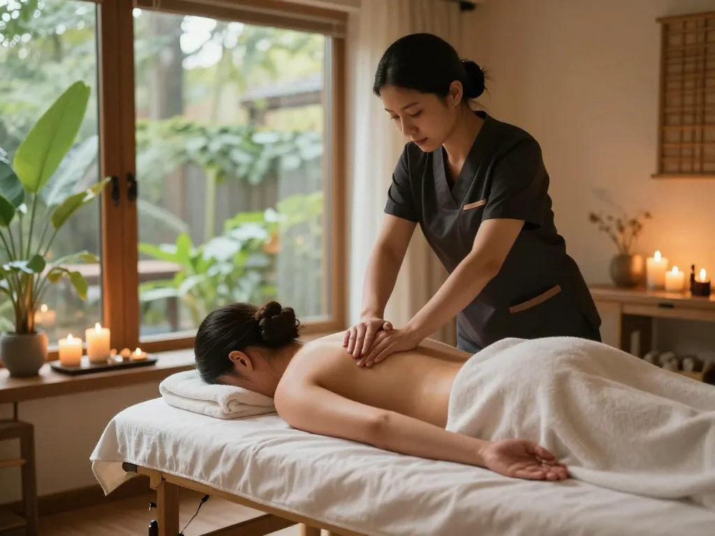 Swedish massage therapy at https://www.makangs.com/ with a calming spa atmosphere, soothing candles, and natural light.