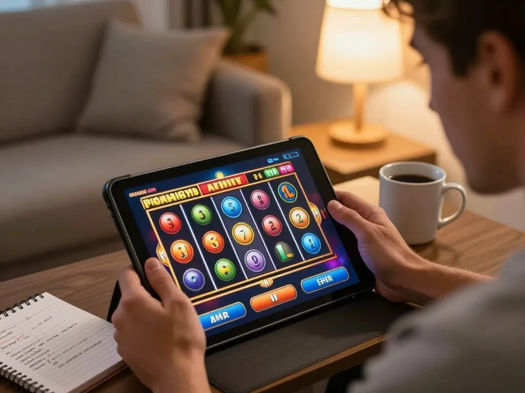 Player enjoying slot gacor min depo 10k on tablet in a cozy home gaming atmosphere with strategies.