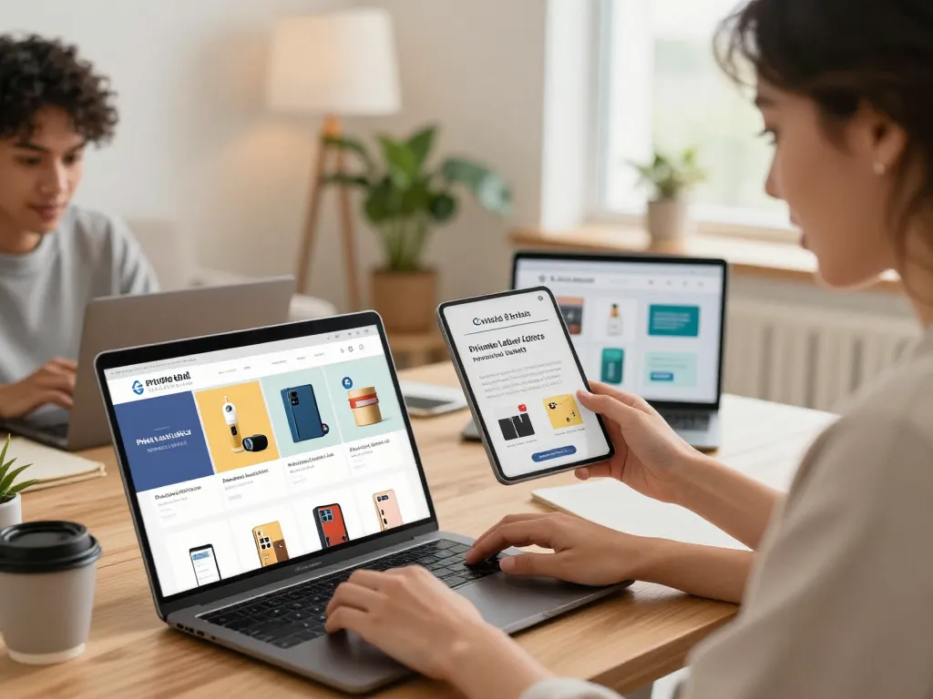 Buy Private Label Rights Products digitally, individuals excitedly browsing e-commerce site for PLR products in a cozy home office.