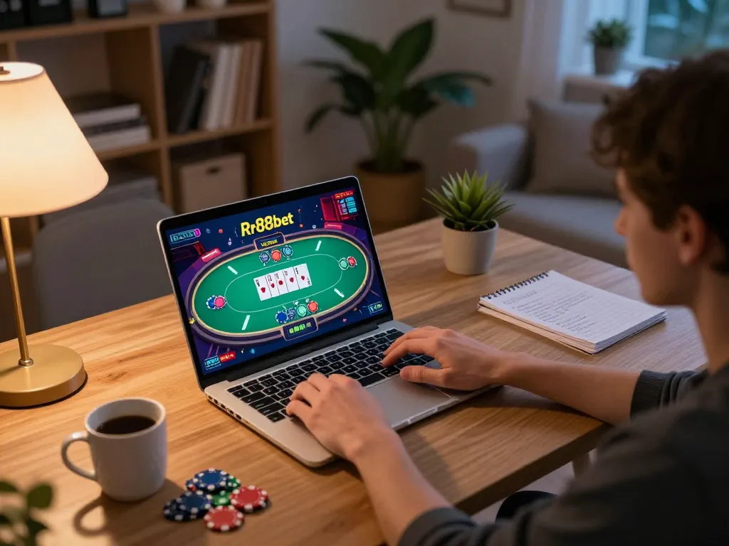 Engaging user playing rr88bet on laptop, showcasing an inviting home gaming atmosphere with strategy notes.