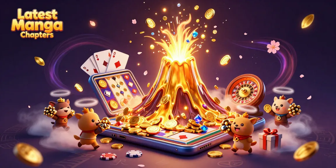 Experience the thrill of Latest Manga Chapters while winning big with a vibrant 3D casino illustration featuring a volcano and treasure.