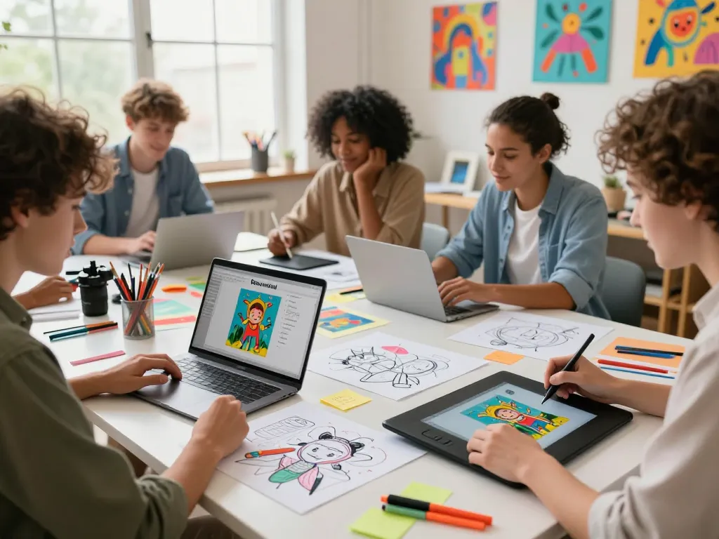 Artists using nano banana pro for AI-generated images in a vibrant studio.