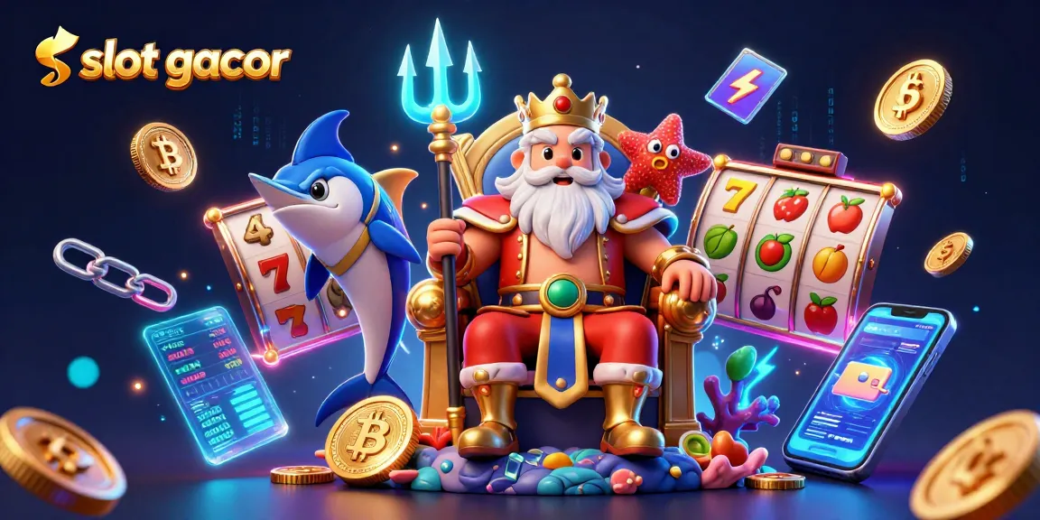 Engage with slot gacor through a vibrant 3D scene, showcasing Neptune and gaming elements.