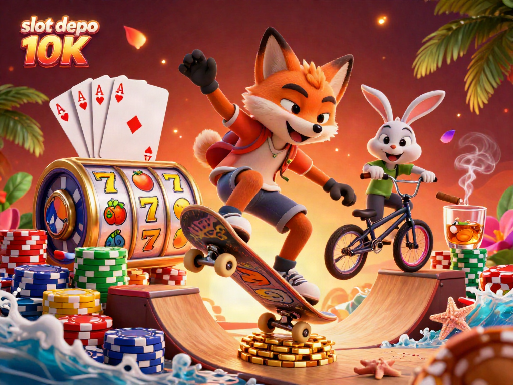 Experience slot depo 10K in a vibrant scene of 3D cartoon fox and rabbit among slot reels and poker elements.
