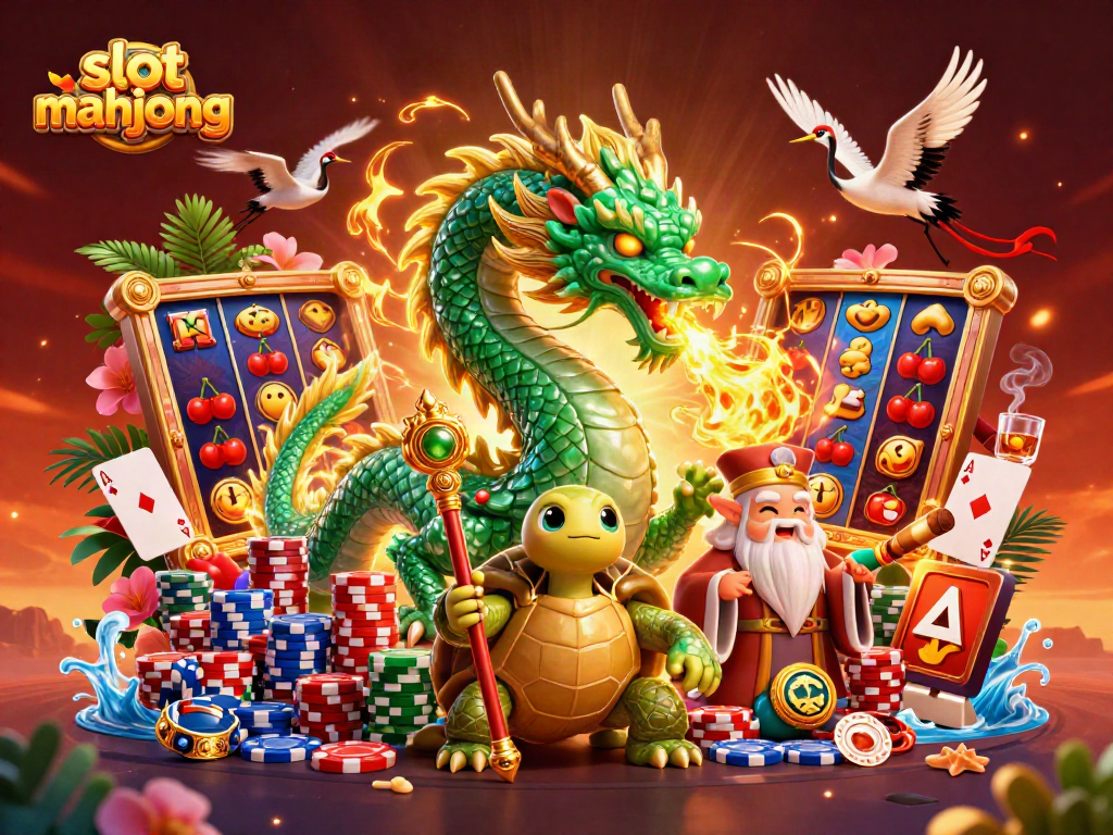 Engage with slot mahjong gameplay featuring a dragon and vibrant casino scene.