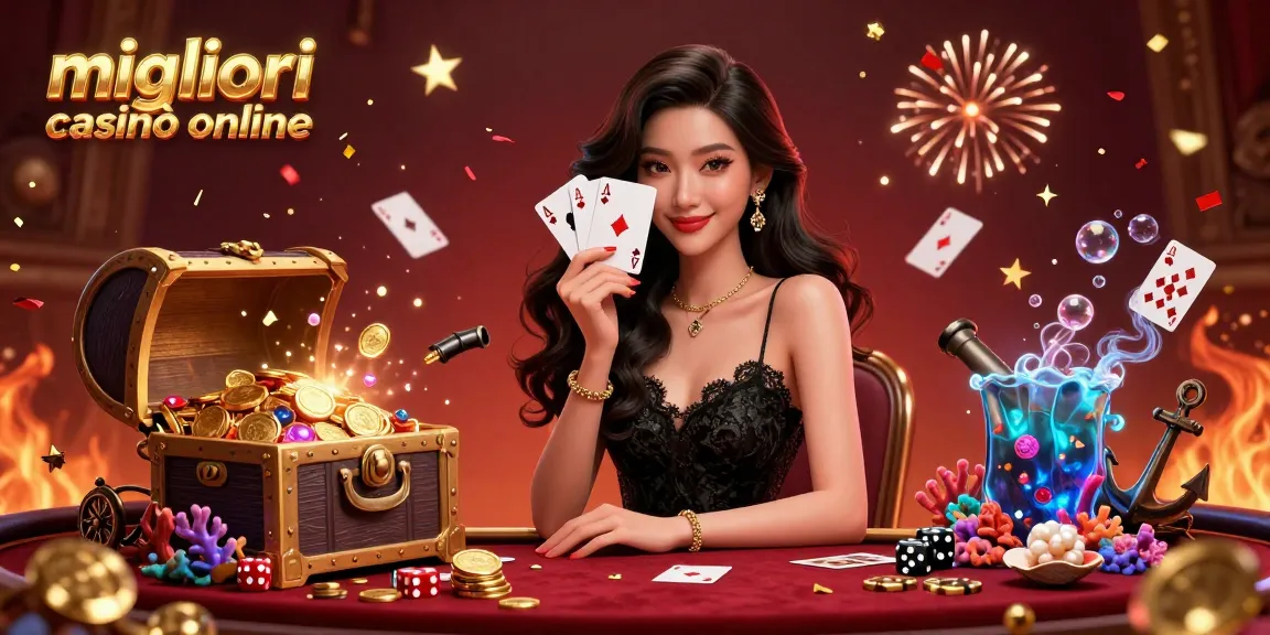 Scopri l'emozione dei migliori casinò online con un dealer glamour che mostra carte assi tra vivaci elementi di casinò.