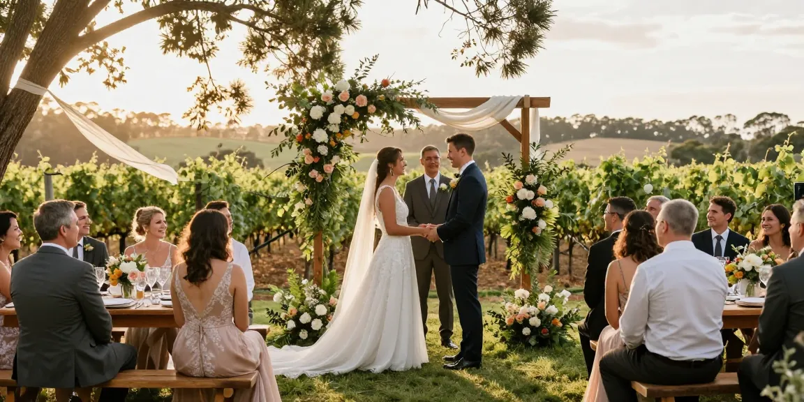 Wedding photographer Hunter Valley captures a couple's joyful ceremony in a picturesque vineyard setting.