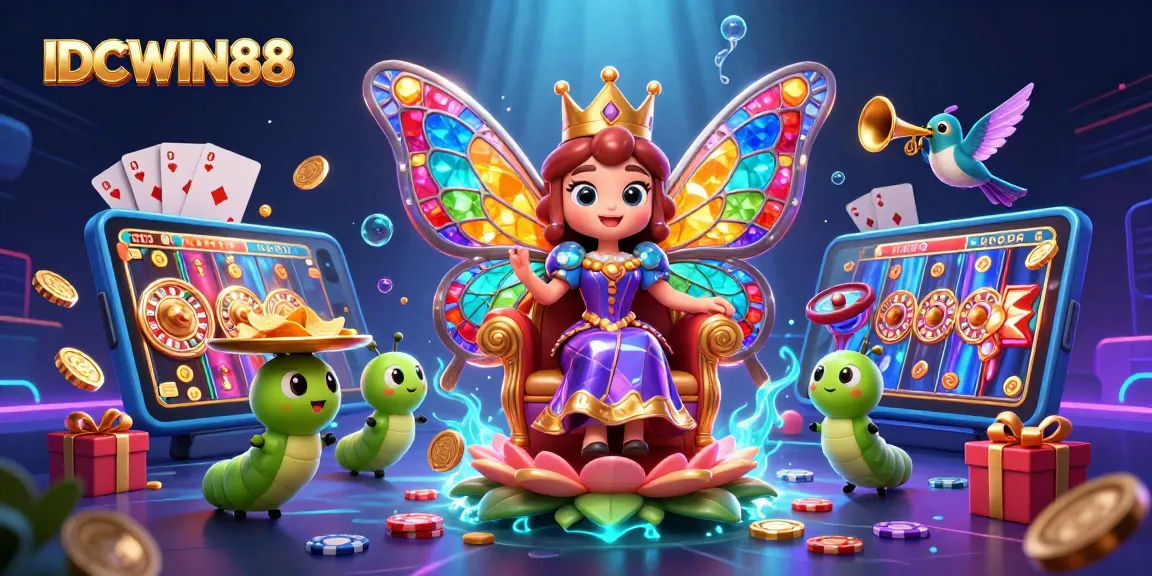 Engage with IDCWIN88's vibrant gaming world featuring a butterfly queen and slot games.