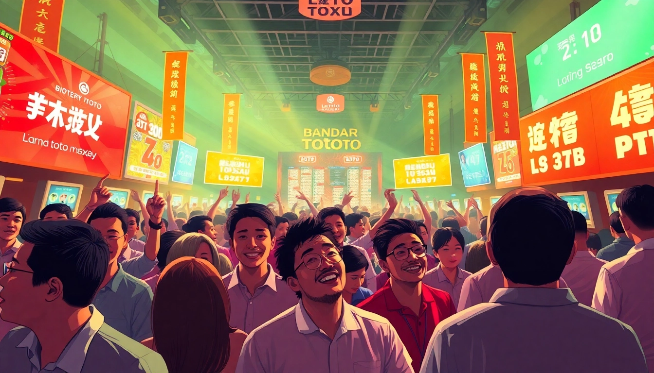 Pelukisan bandar toto macau yang menampilkan suasana undian lotere yang meriah.