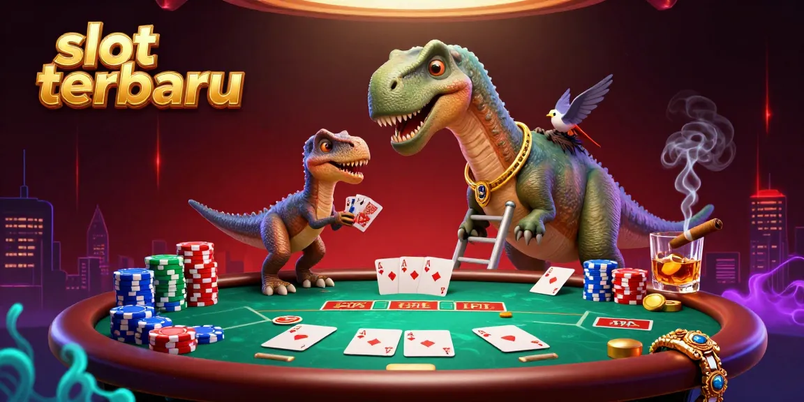 Play exciting slot terbaru at a vibrant casino featuring a playful dinosaur and poker elements.