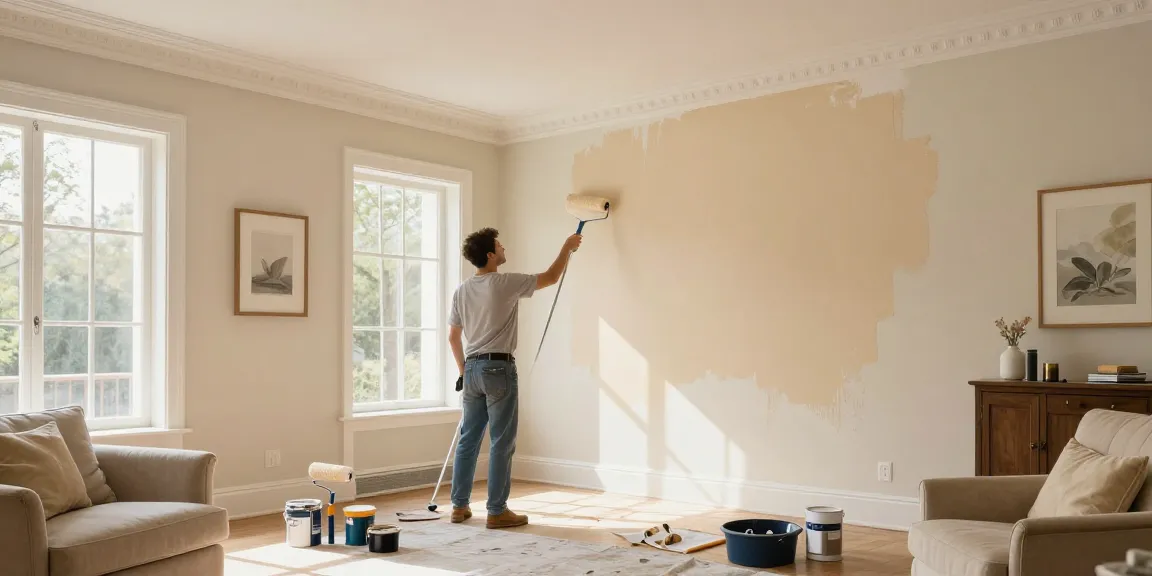 Interior painters Polk County IA at work refreshing a cozy living room with warm beige paint.