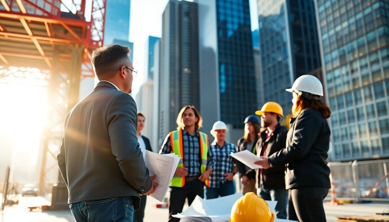 New York City Construction Manager leading a diverse team on an active construction site.
