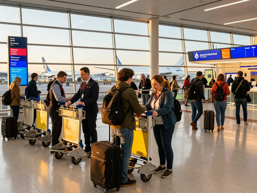 Traveler checking in for flight to Newcastle Airport from Halifax in busy airport.